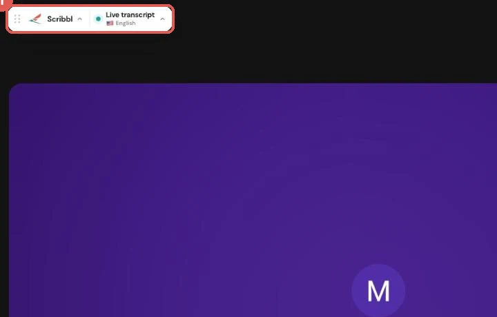 Google Meet call with the Scribbl bar at the top left of the tab highlighted