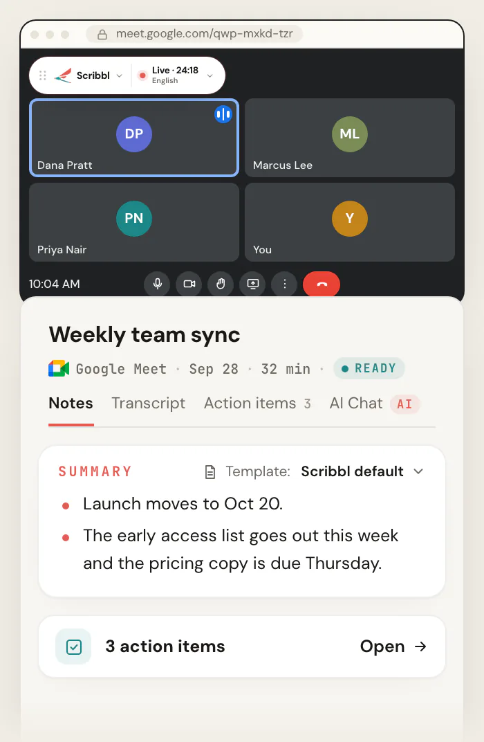 A Google Meet call with the Scribbl Chrome extension showing Live at the top left, and the Scribbl meeting page for "Weekly team sync" with a summary and 3 action items.