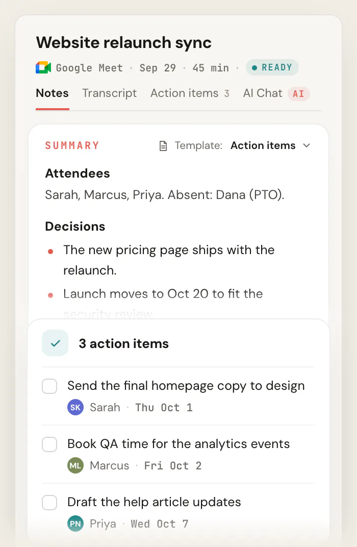 Scribbl notes for "Website relaunch sync" using the Action items template, showing the attendees, the decisions and the discussion, and a card with 3 action items, each with an owner and a due date.