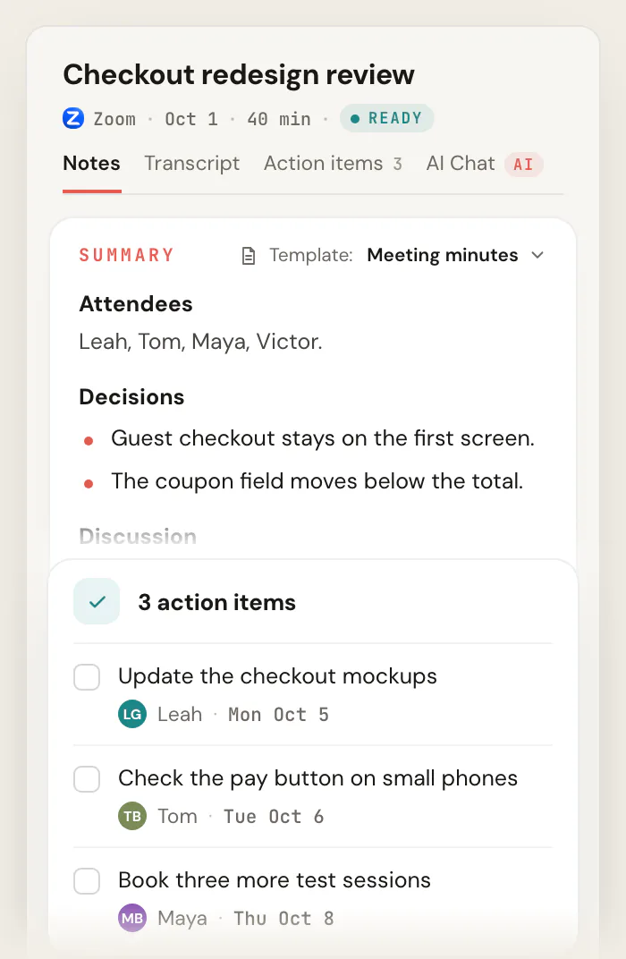 Scribbl notes for "Checkout redesign review" using the Meeting minutes template, showing the attendees, the decisions and the discussion, and a card with 3 action items, each with an owner and a due date.