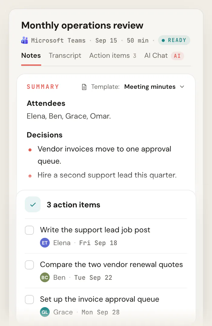Scribbl notes for "Monthly operations review" using the Meeting minutes template, showing the attendees, the decisions and the discussion, and a card with 3 action items, each with an owner and a due date.