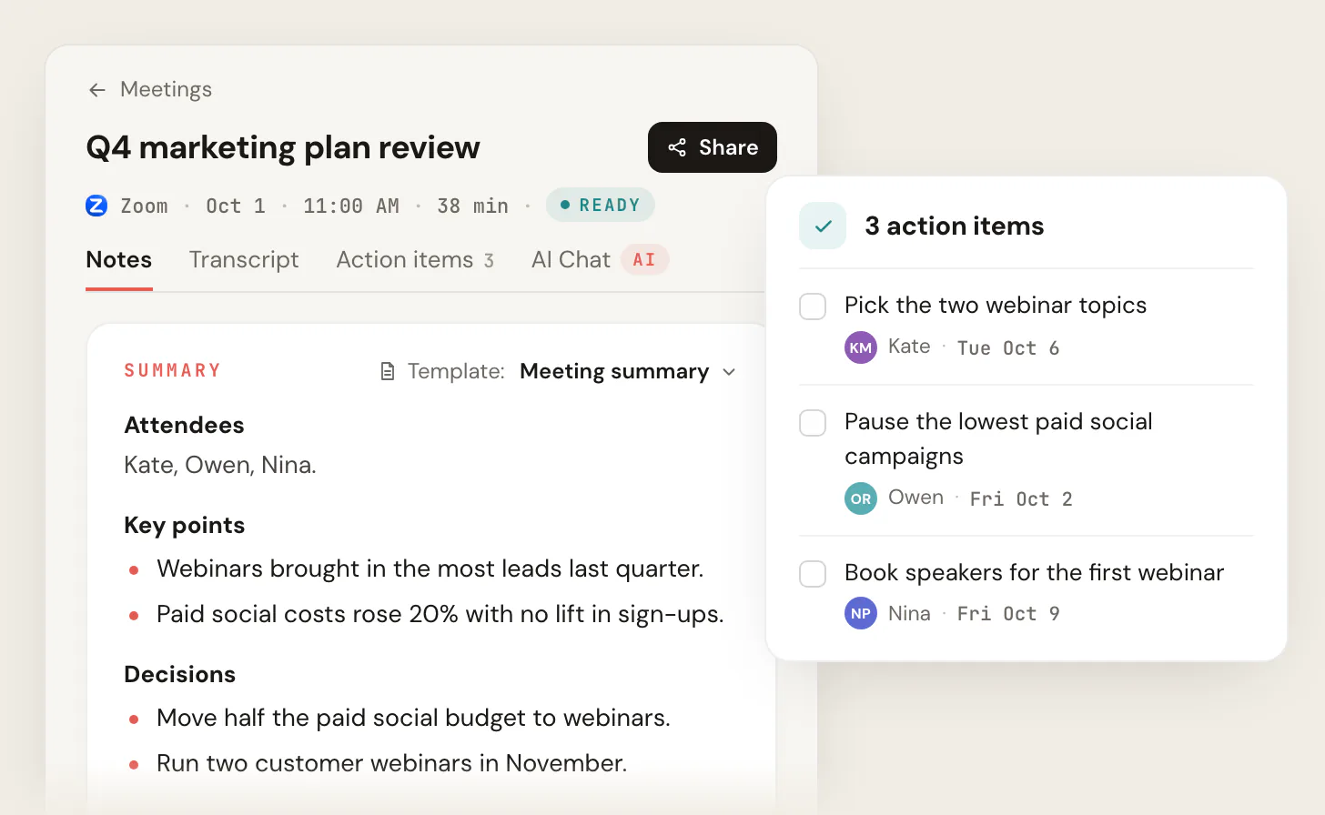 The Scribbl meeting page for a 38-minute Zoom call, Q4 marketing plan review, with Template: Meeting summary showing attendees Kate, Owen and Nina, key points and decisions, next to 3 action items with owners and due dates