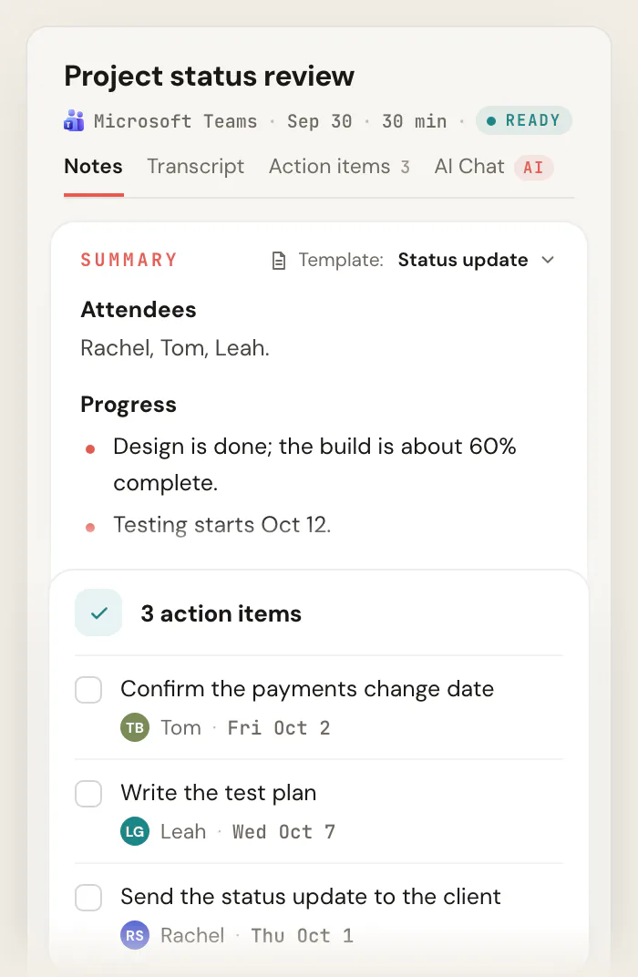 Scribbl notes for "Project status review" using the Status update template, showing the attendees, the progress and the risks, and a card with 3 action items, each with an owner and a due date.