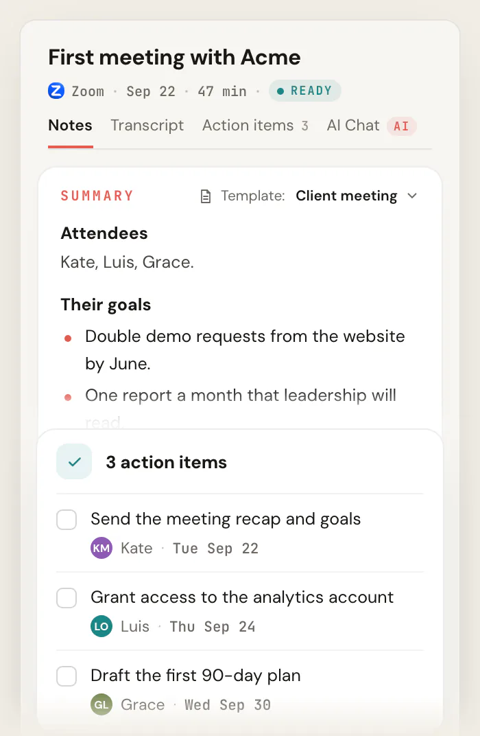 Scribbl notes for "First meeting with Acme" using the Client meeting template, showing the attendees, the their goals and the what success looks like, and a card with 3 action items, each with an owner and a due date.