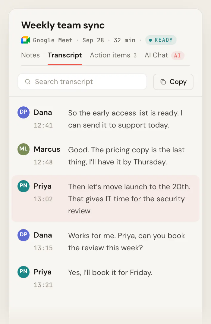 The Transcript tab of the Scribbl meeting page for "Weekly team sync", with each line labeled by speaker and time, and on wider screens the meeting video and a timeline of who spoke.