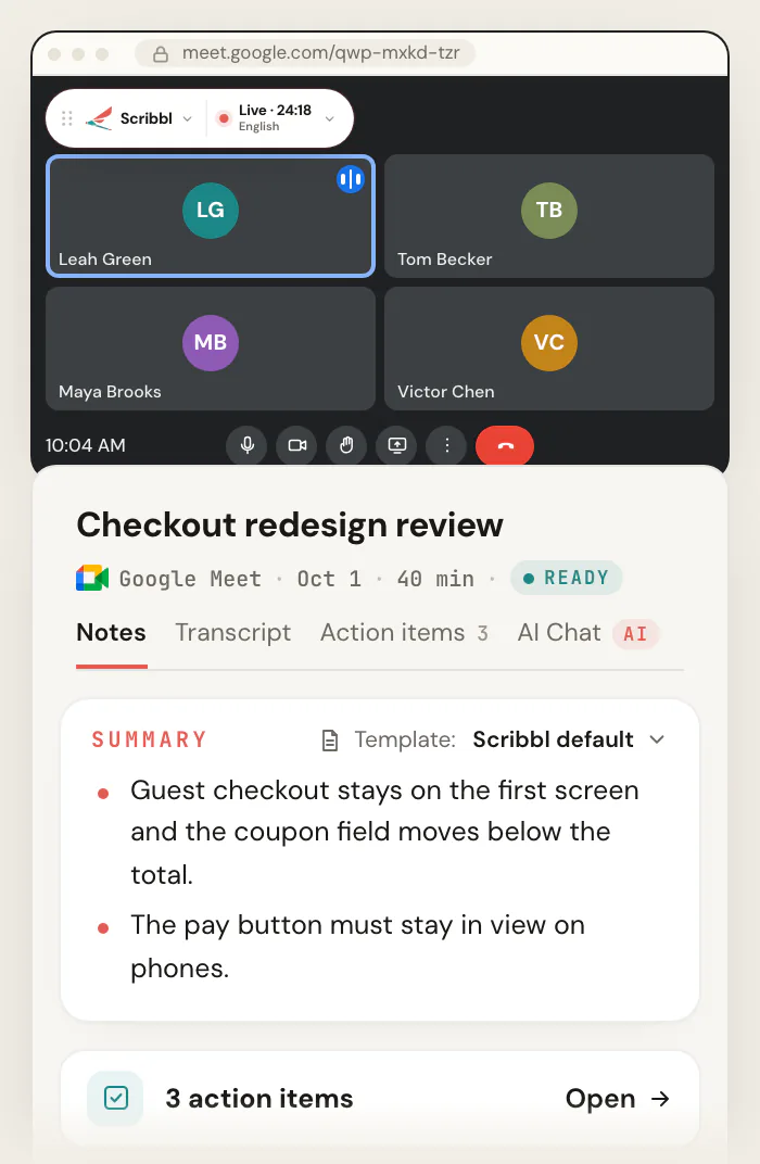 A Google Meet call with the Scribbl Chrome extension showing Live at the top left, and the Scribbl meeting page for "Checkout redesign review" with a summary and 3 action items.