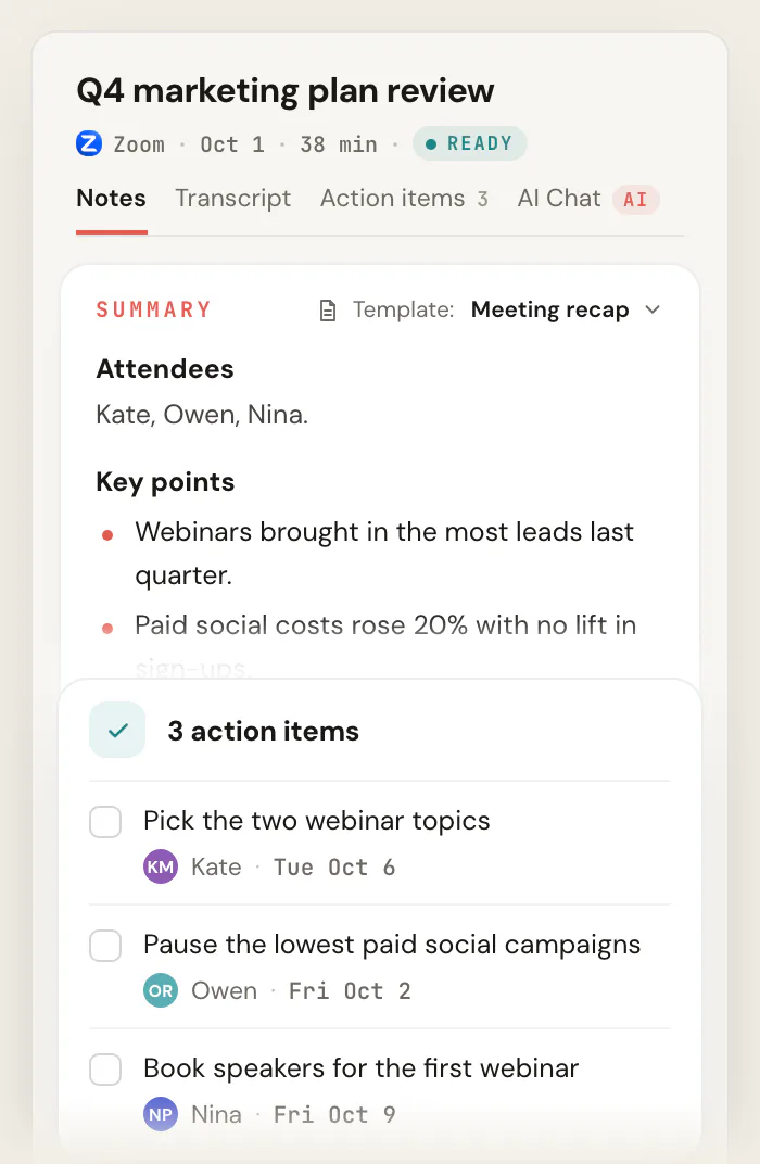 Scribbl notes for "Q4 marketing plan review" using the Meeting recap template, showing the attendees, the key points and the decisions, and a card with 3 action items, each with an owner and a due date.
