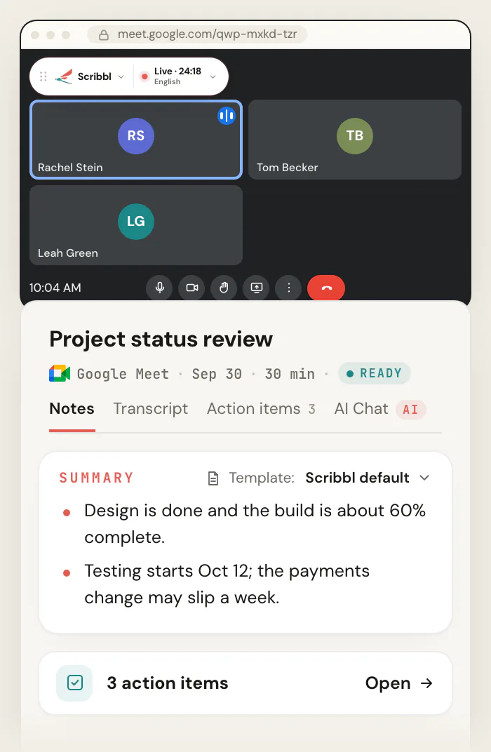 A Google Meet call with the Scribbl Chrome extension showing Live at the top left, and the Scribbl meeting page for "Project status review" with a summary and 3 action items.