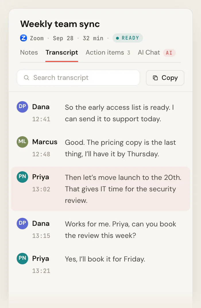 The Transcript tab of the Scribbl meeting page for "Weekly team sync", with each line labeled by speaker and time, and on wider screens the meeting video and a timeline of who spoke.