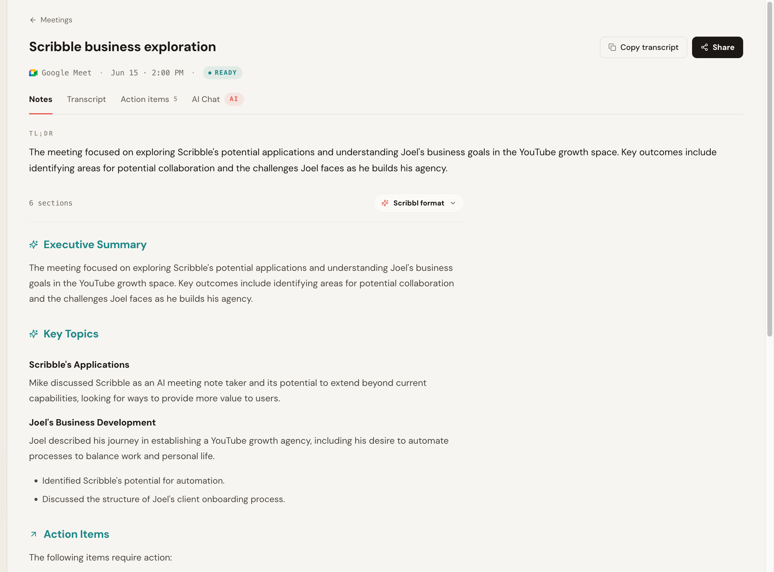 Scribbl AI meeting notes generated from a recorded Google Meet call, showing a TL;DR, Executive Summary, Key Topics, and Action Items, across Notes, Transcript, Action items, and AI Chat tabs, with no bot in the meeting