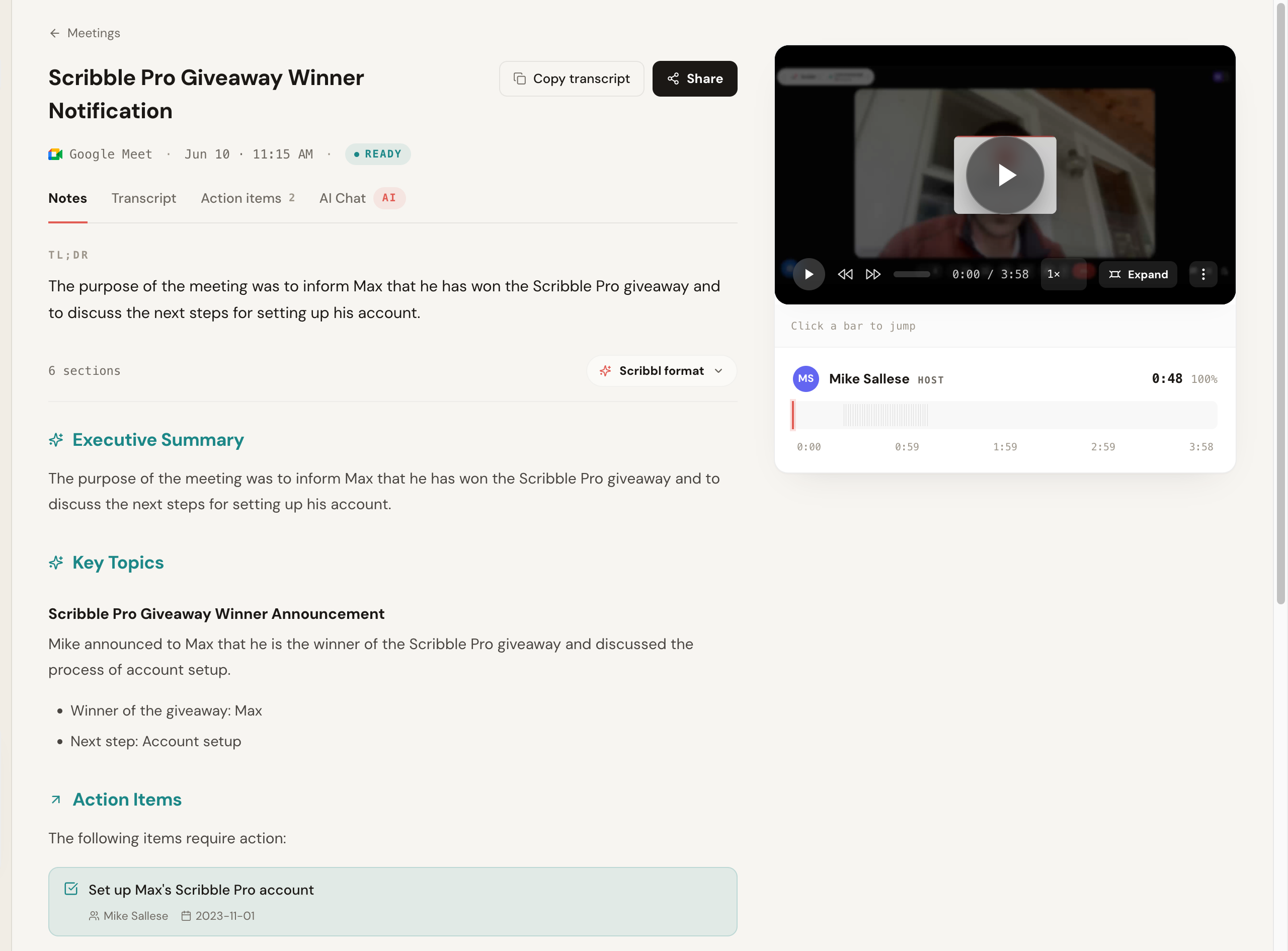 Scribbl AI meeting notes generated from a recorded Google Meet call, showing a TL;DR, Executive Summary, Key Topics, and Action Items with assigned owners and due dates, alongside the recorded video, with Notes, Transcript, Action items, and AI Chat tabs and no bot in the meeting
