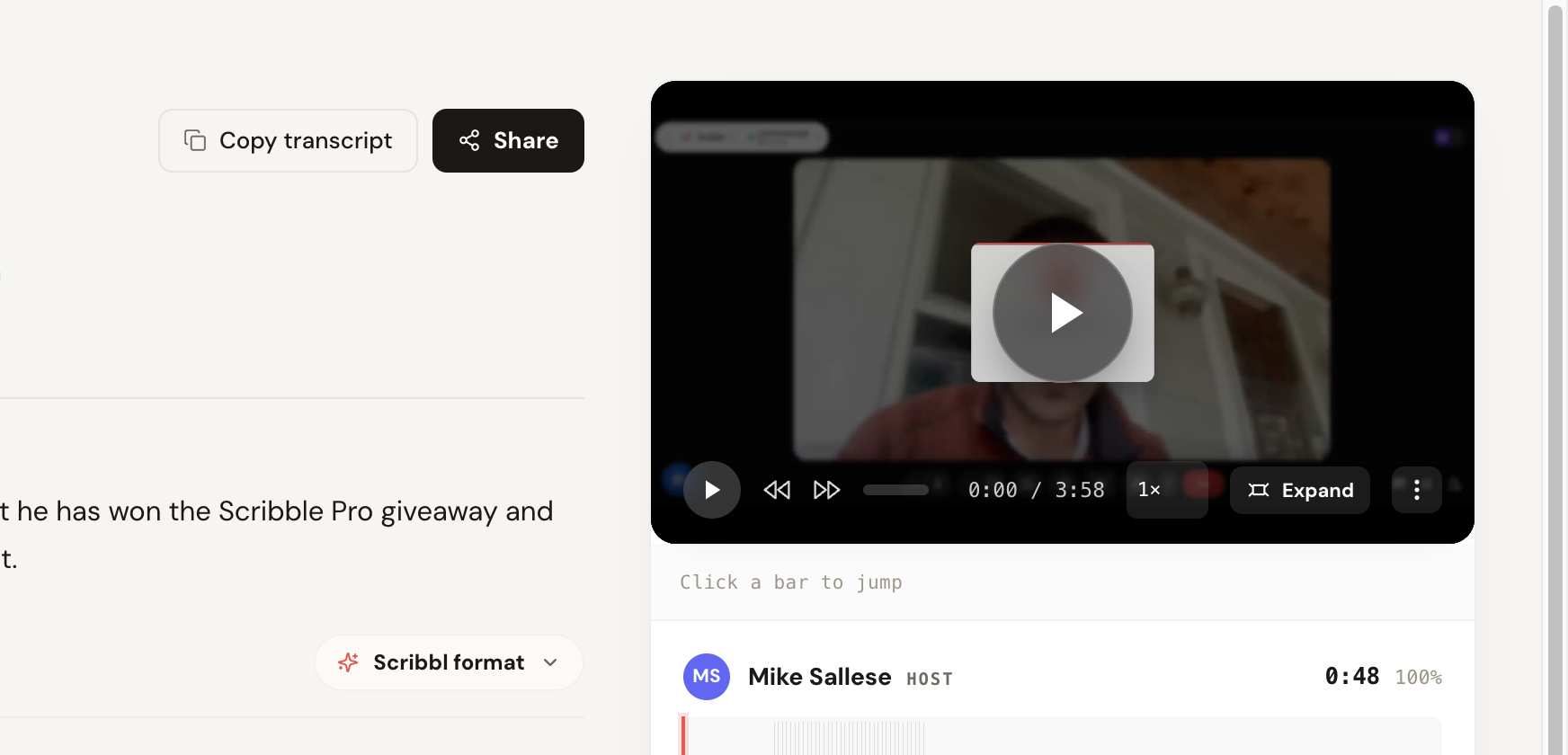 Scribbl meeting transcript view showing speaker-attributed segments with timestamps and a confidence percentage next to a synced video player, with Copy transcript and Share buttons, captured from a recorded Google Meet with no bot present